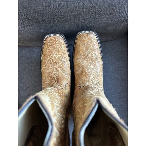 Corral Tan Leather Floral Embroidered Western Boots Square Toe Cowgirl Size 8 M - Picture 6 of 12